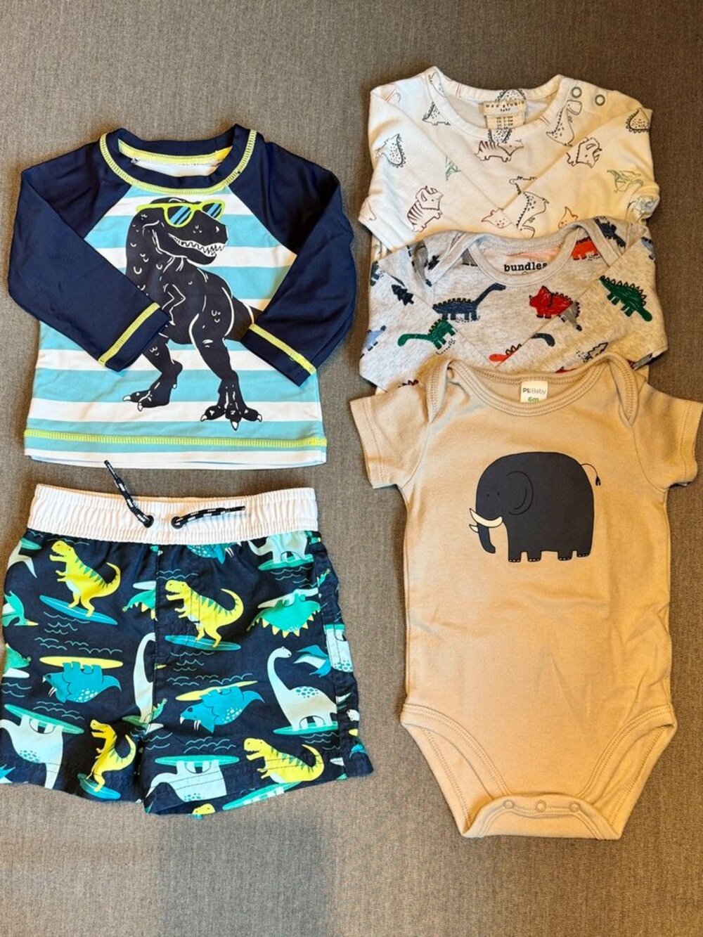 Baby Boys Clothing 3-6M Dinosaur Lot (5 pc) Swim Shirt Trunks Body Suits